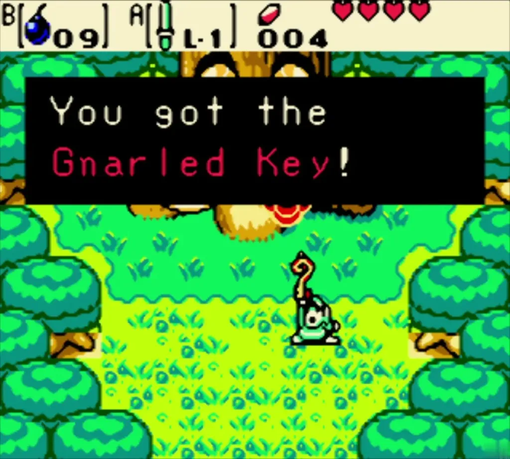 Item-get box reading You got the Gnarled Key! as Link stands before the Maku Tree