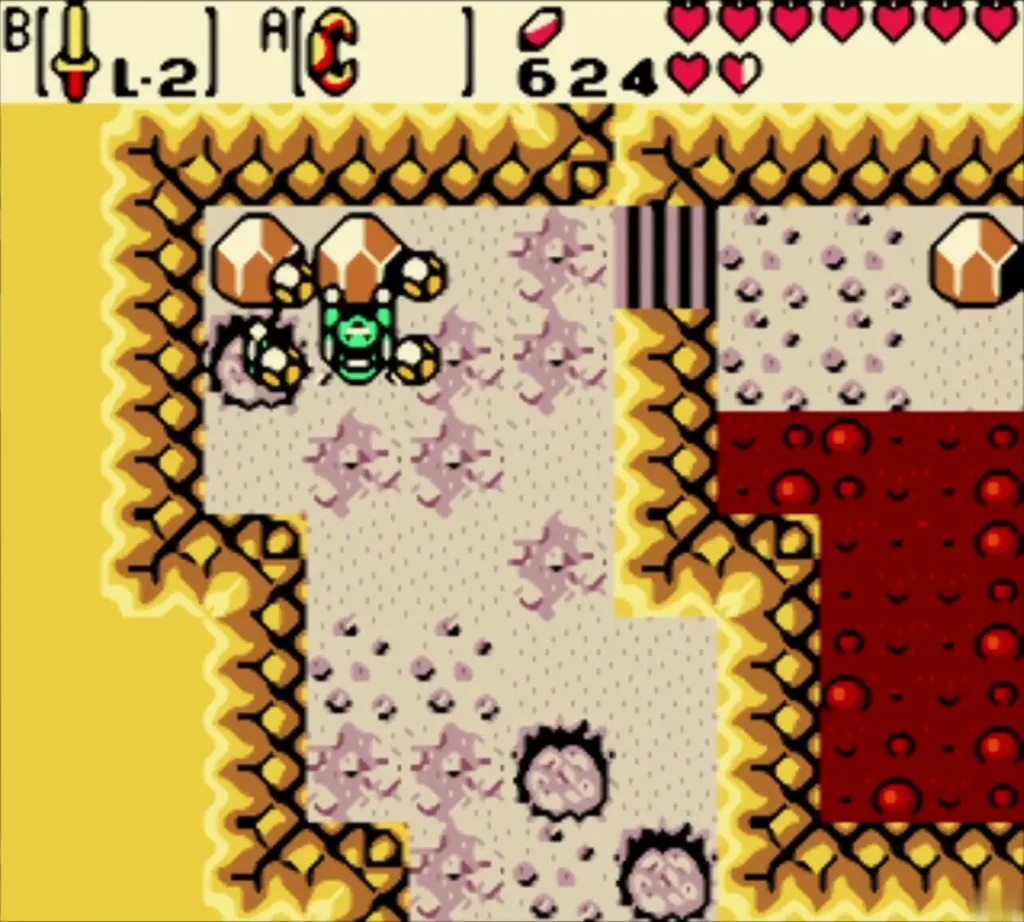 Link at a cave doorway beside a lava pool on Goron Mountain