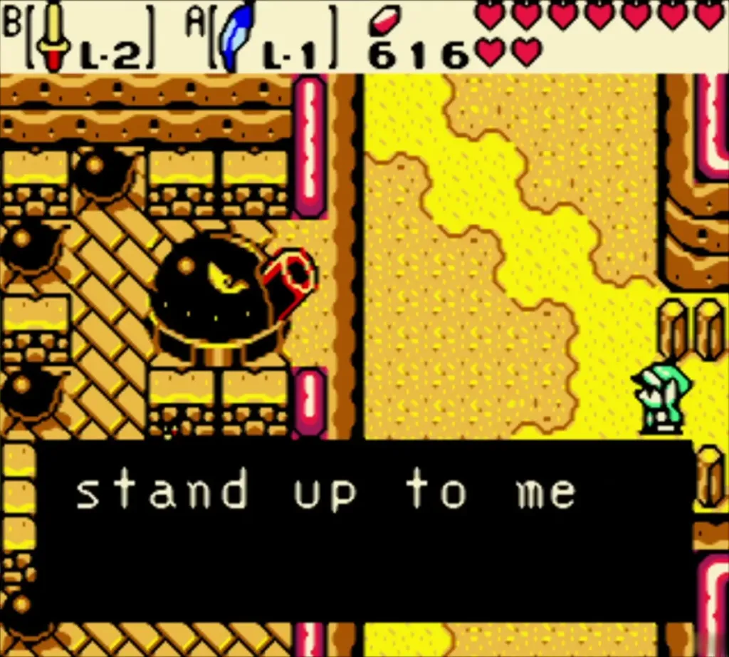 The Great Moblin shouting stand up to me from behind his fort wall