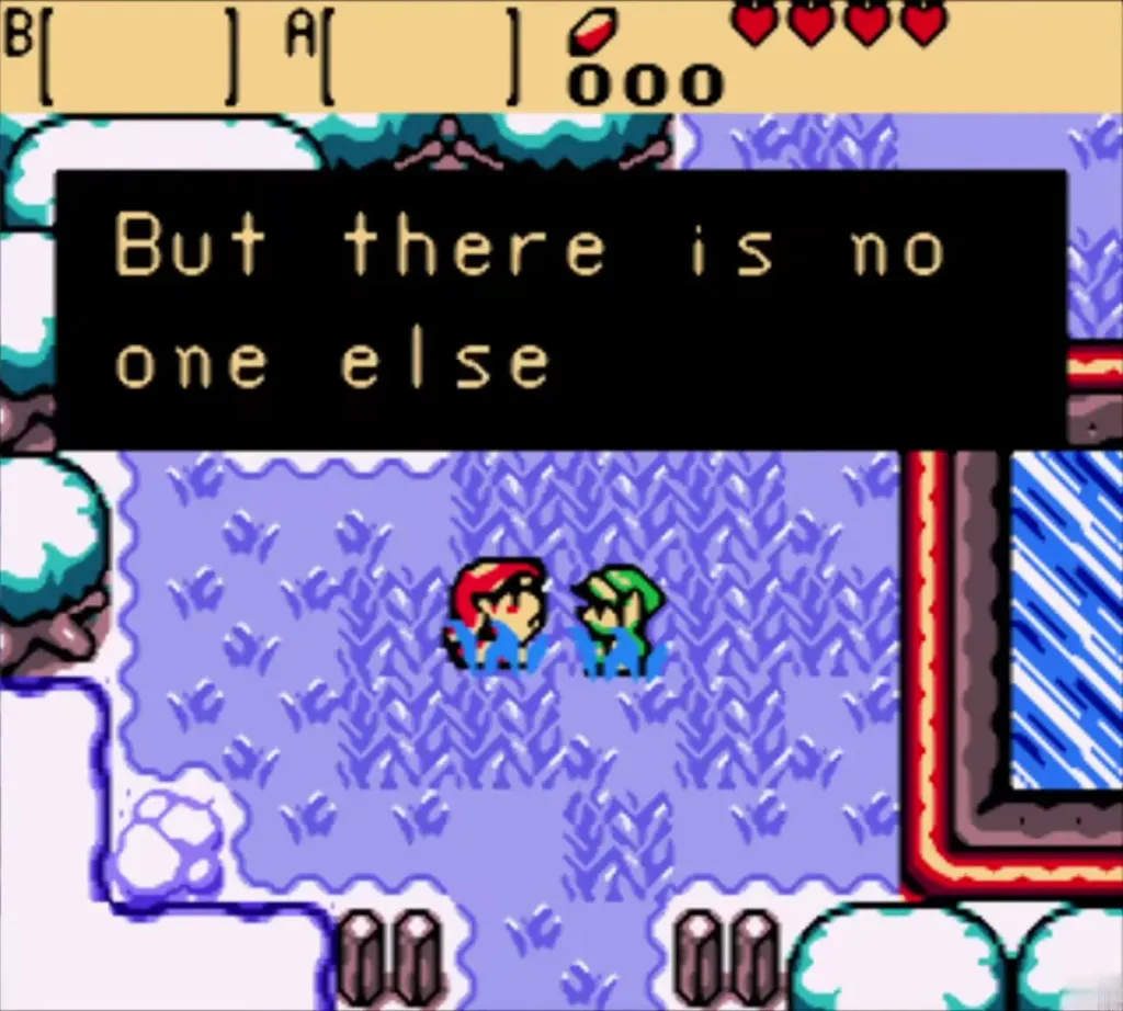 Impa standing with Link in the snowy field telling him there is no one else