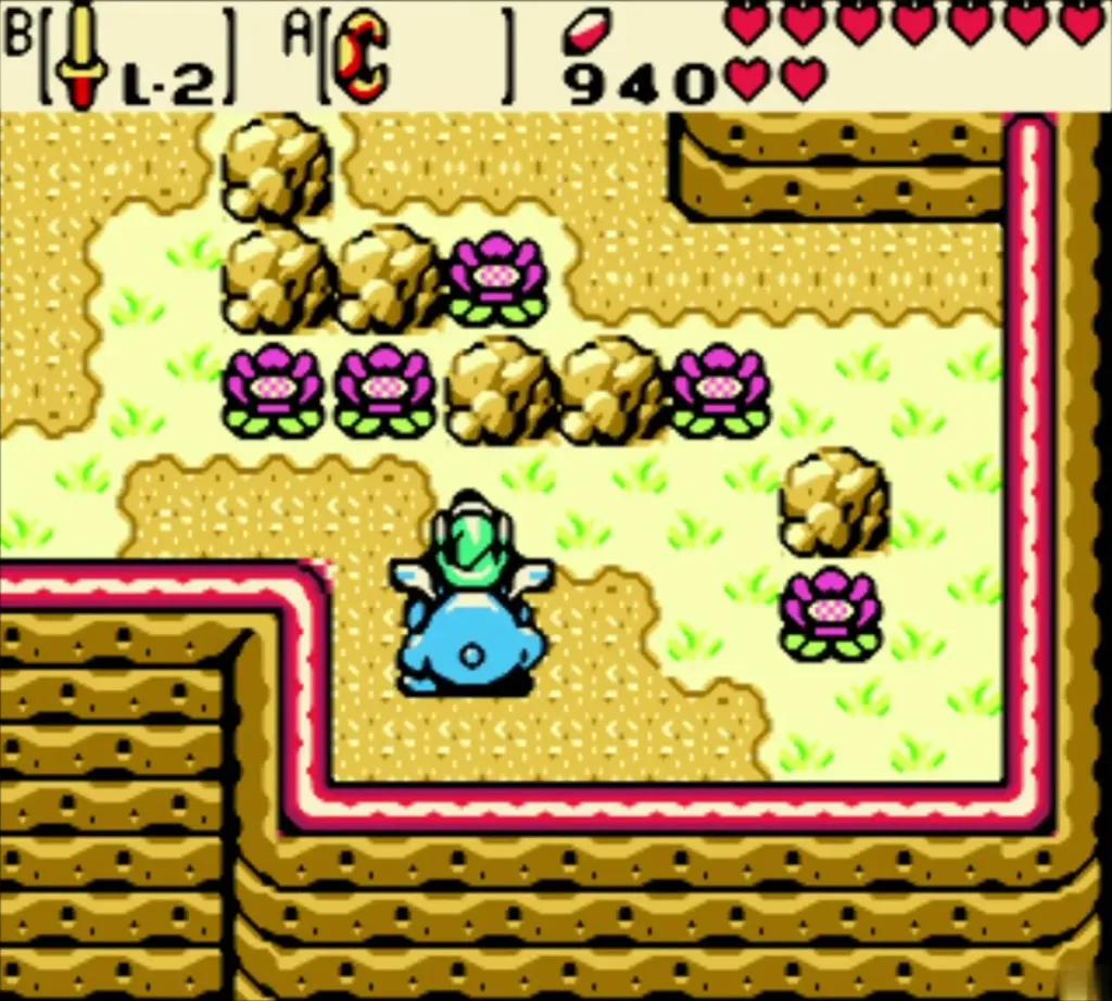 Link riding Moosh over the cliff path past the flowered ledge