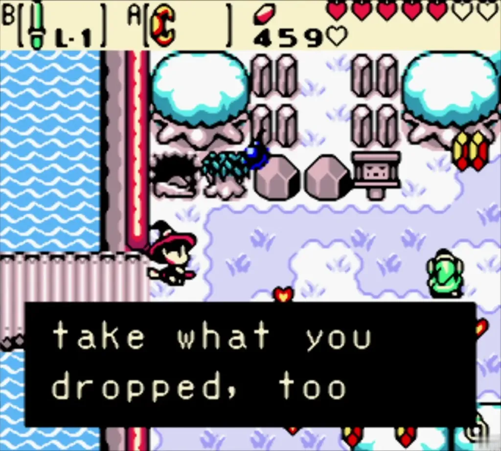 Maple beside Link with rupees and hearts dropped on the snowy ground