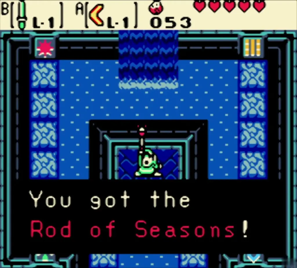 Item-get box reading You got the Rod of Seasons! as Link holds the rod