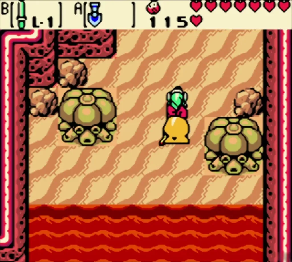 Rosa wearing the ribbon beside Link at the lava shore