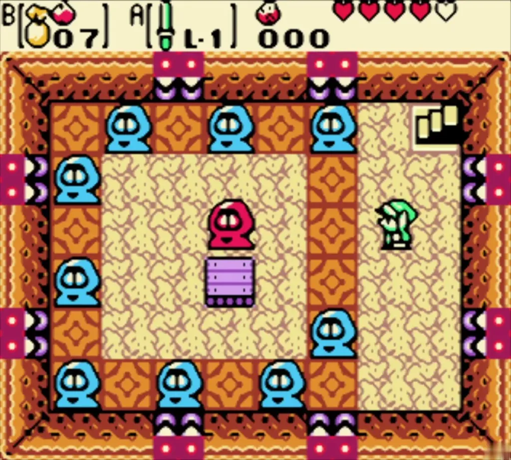 Subrosian dancers and Link in the Dance Hall on a patterned floor