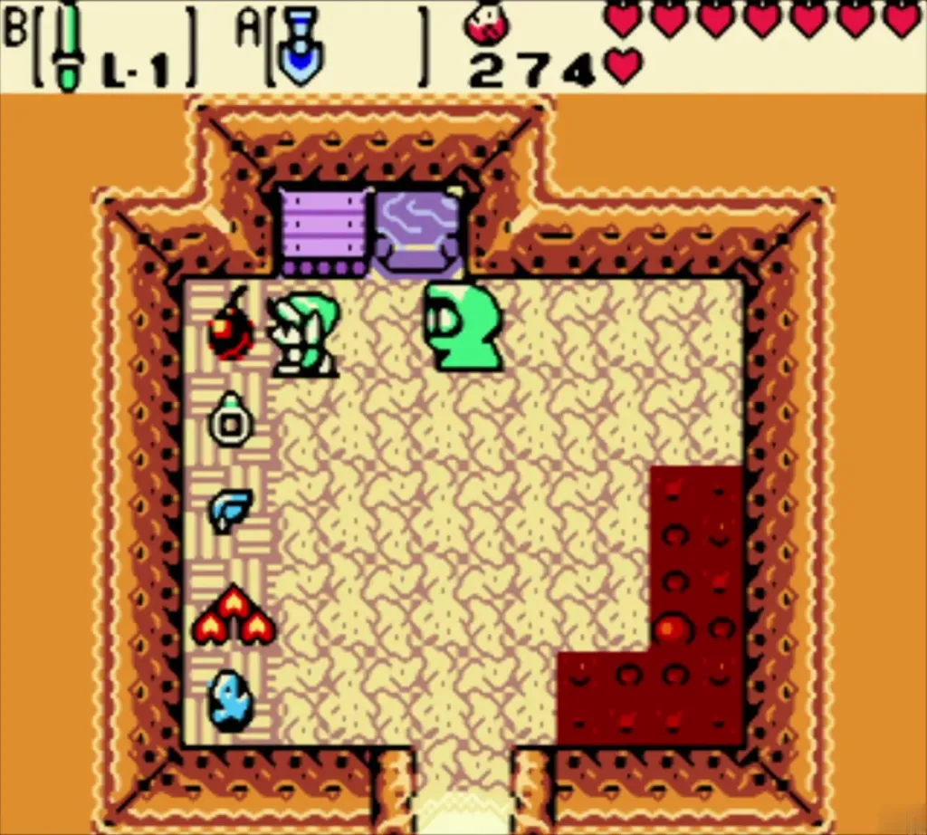 Subrosian market shop with the shopkeeper behind a red bomb counter