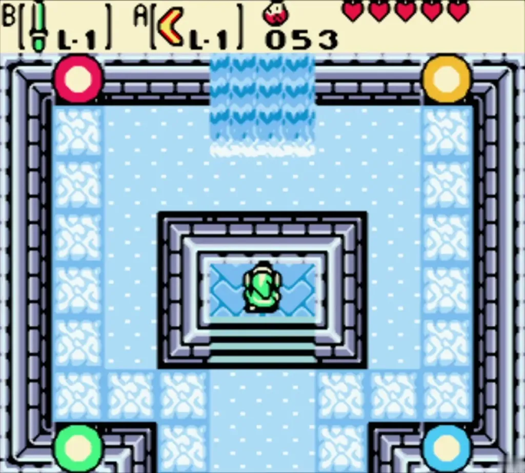 Link in the Temple of Seasons with the four season orbs around the pedestal room
