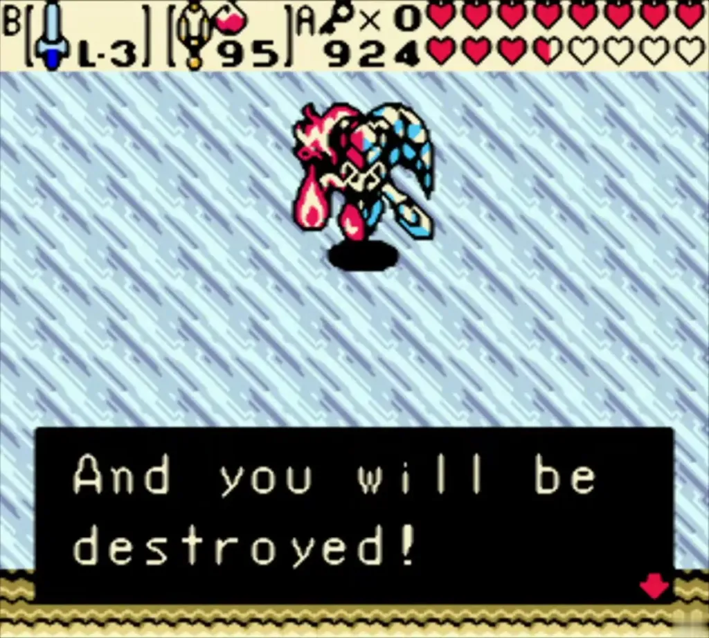 Merged Twinrova on the ice floor with the message And you will be destroyed!