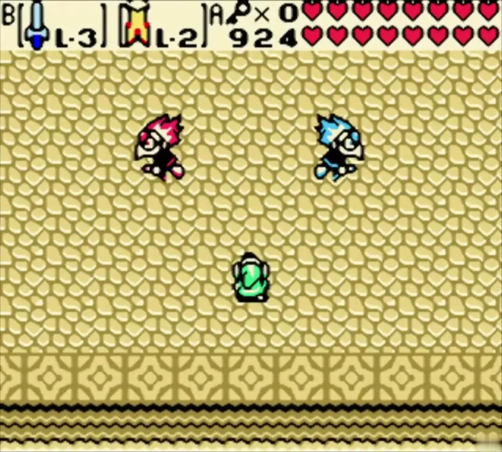 The twin witches Koume and Kotake flying above Link in the Room of Rites