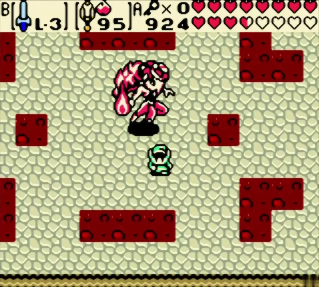 Merged Twinrova in red attacking Link in the fire arena of dark blocks