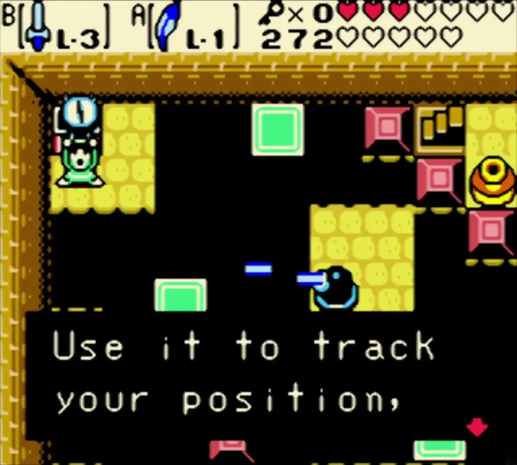 You found the Compass message box with Link in the Beamos room of the Ancient Ruins You found the Compass message box with Link in the Beamos room of the Ancient Ruins