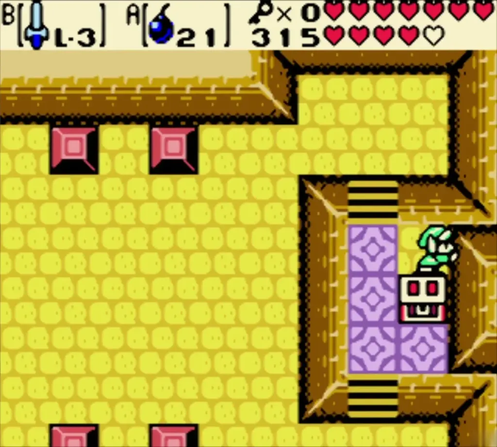 Link in the Ancient Ruins Armos room standing beside the chest that holds the Magical Boomerang Link in the Ancient Ruins Armos room standing beside the chest that holds the Magical Boomerang
