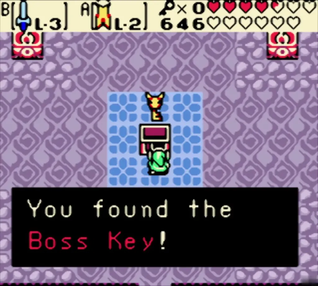 You found the Boss Key message box with Link at the red chest on the blue-tiled floor You found the Boss Key message box with Link at the red chest on the blue-tiled floor