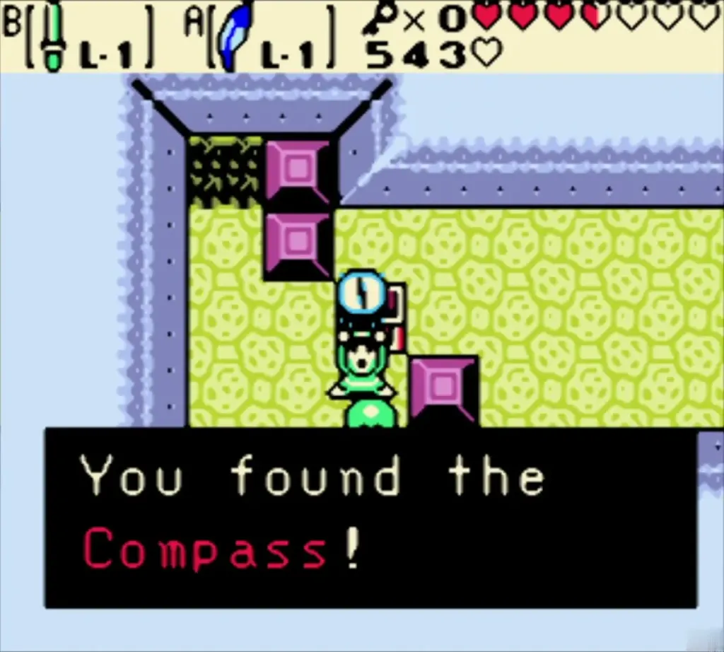 You found the Compass message box with Link holding the compass in the cave You found the Compass message box with Link holding the compass in the cave