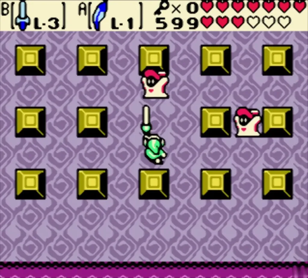 Link fighting two Wizzrobes in the gold-block room of Explorer's Crypt Link fighting two Wizzrobes in the gold-block room of Explorer's Crypt