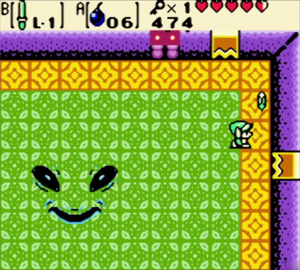 Link striking the Facade face while it floats in the green room Link striking the Facade face while it floats in the green room