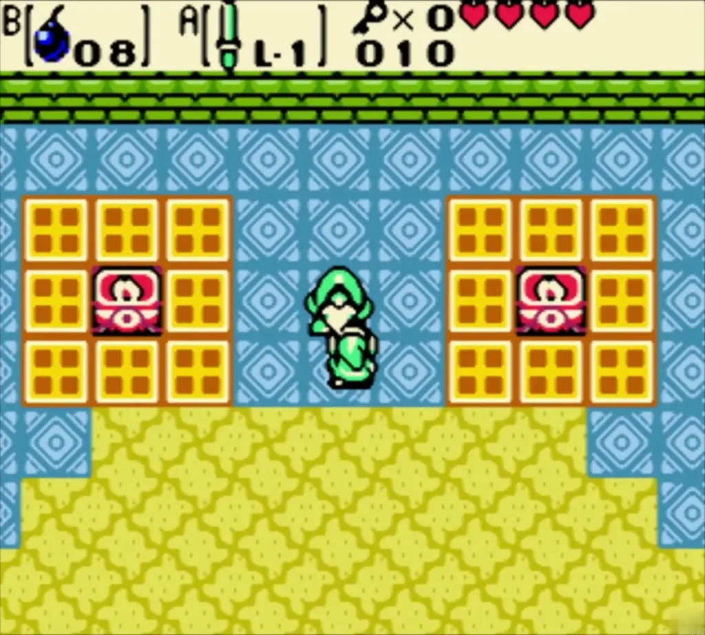 Link beside the row of torches in the Gnarled Root Dungeon Moblin room Link beside the row of torches in the Gnarled Root Dungeon Moblin room