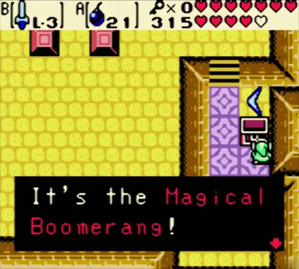 It's the Magical Boomerang message box with Link in the Armos room of the Ancient Ruins It's the Magical Boomerang message box with Link in the Armos room of the Ancient Ruins