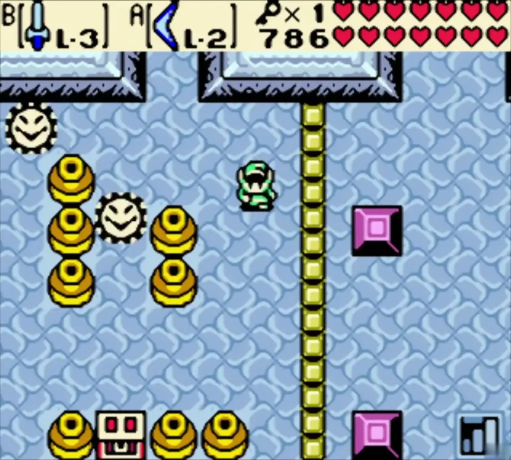 Link approaching the chest in the gold-disc room of the Sword and Shield Maze Link approaching the chest in the gold-disc room of the Sword and Shield Maze