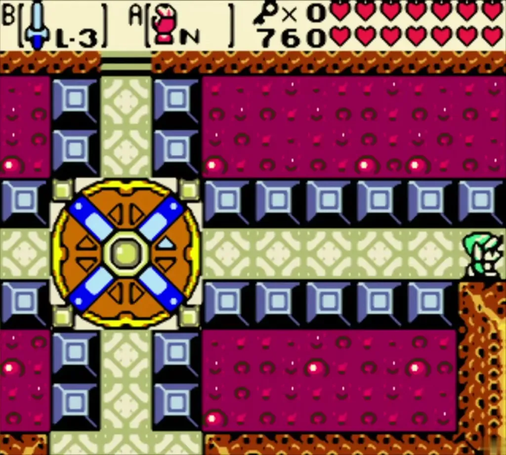 Link beside the rotating platform in the Sword and Shield Maze Link beside the rotating platform in the Sword and Shield Maze