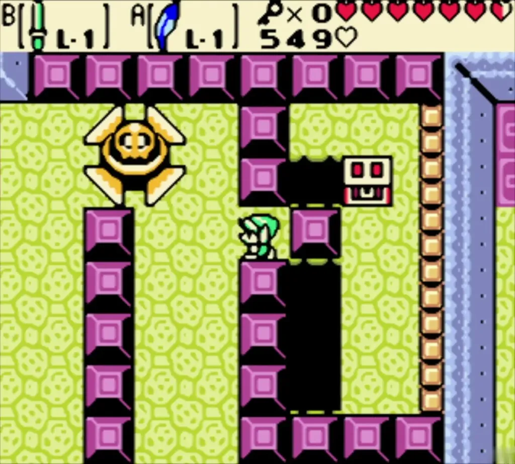 Link on the bridged pit path in the Poison Moth's Lair basement with a chest beyond Link on the bridged pit path in the Poison Moth's Lair basement with a chest beyond