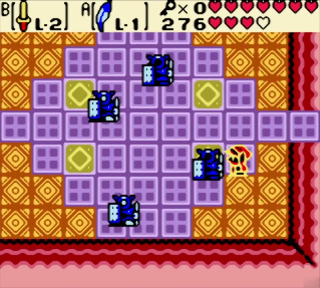 Blue knights around the purple cross floor of the fifth dungeon's knight room Blue knights around the purple cross floor of the fifth dungeon's knight room