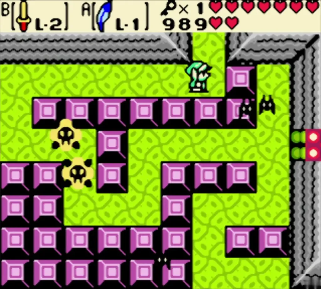 Link facing a Keese and skull enemies in the pink-block maze of Dancing Dragon Dungeon Link facing a Keese and skull enemies in the pink-block maze of Dancing Dragon Dungeon
