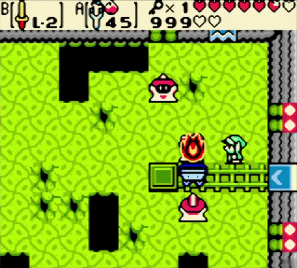 Link confronting two red-hooded Wizzrobe ghosts near a cart rail Link confronting two red-hooded Wizzrobe ghosts near a cart rail