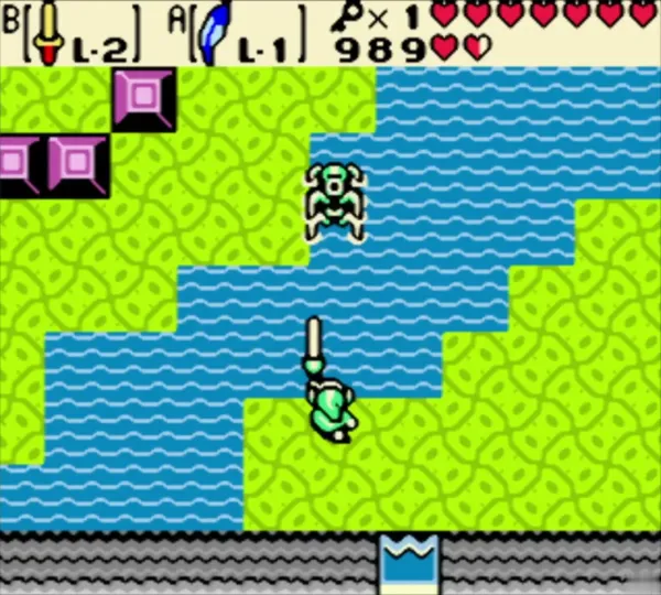 Link swimming while a Water Tektite waits at the pool edge in Dancing Dragon Dungeon Link swimming while a Water Tektite waits at the pool edge in Dancing Dragon Dungeon