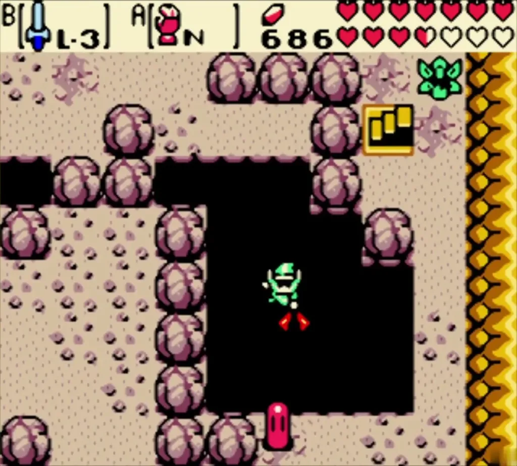 Link crossing a dark cave room with a green crab enemy near a chest Link crossing a dark cave room with a green crab enemy near a chest