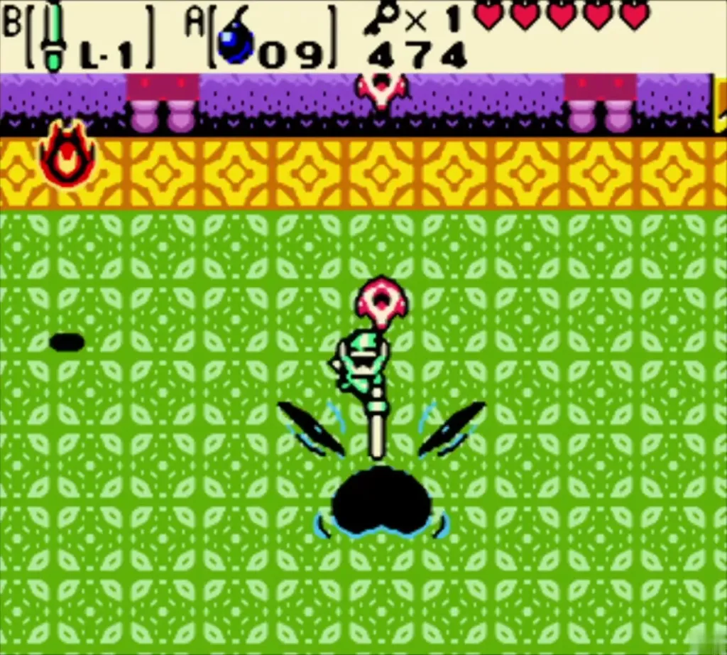 Link on Facade's emerging face while tiles fly around the green mini-boss room Link on Facade's emerging face while tiles fly around the green mini-boss room