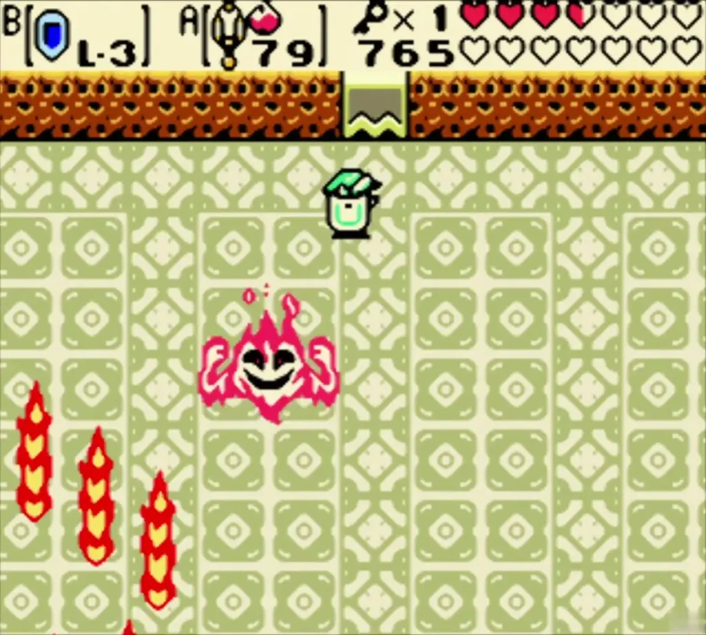 The flame-faced mini-boss Frypolar beside fire pillars in its green room The flame-faced mini-boss Frypolar beside fire pillars in its green room