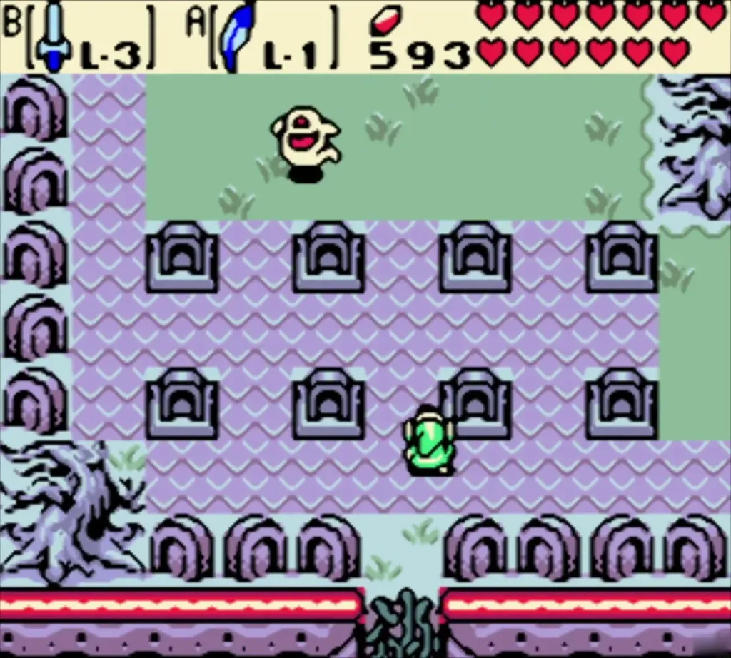 A white Ghini ghost floating in the upper part of a purple-tiled graveyard room, Link at the lower right A white Ghini ghost floating in the upper part of a purple-tiled graveyard room, Link at the lower right
