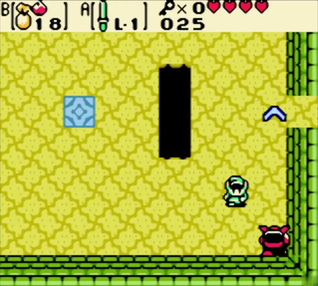 Link fighting a Moblin and a Stalfos beside a pit in Gnarled Root Dungeon Link fighting a Moblin and a Stalfos beside a pit in Gnarled Root Dungeon