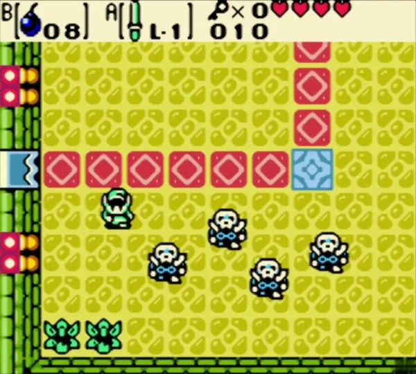 Link surrounded by Stalfos in a red-block room of Gnarled Root Dungeon Link surrounded by Stalfos in a red-block room of Gnarled Root Dungeon