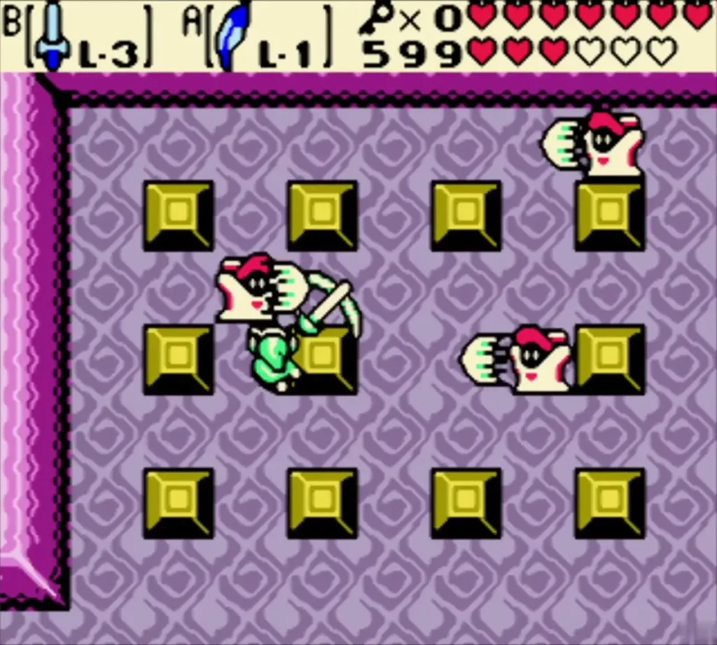 Link fighting red-masked Ghini ghosts among the gold blocks of the Explorer's Crypt Link fighting red-masked Ghini ghosts among the gold blocks of the Explorer's Crypt