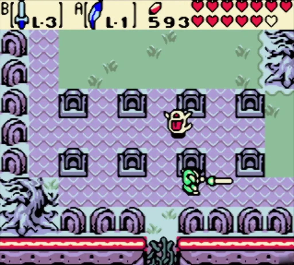 Link swinging his sword at a Ghini ghost in a graveyard room Link swinging his sword at a Ghini ghost in a graveyard room