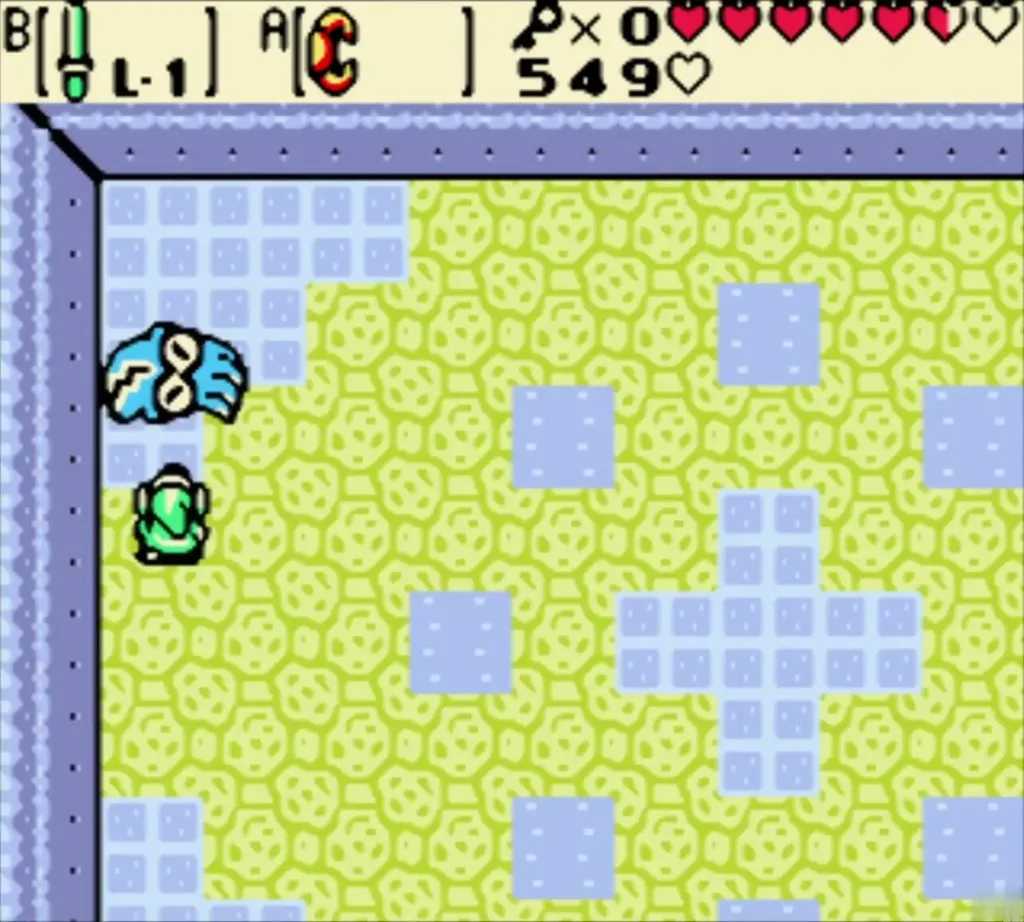 Link facing an Omuai at the edge of the pool room Link facing an Omuai at the edge of the pool room