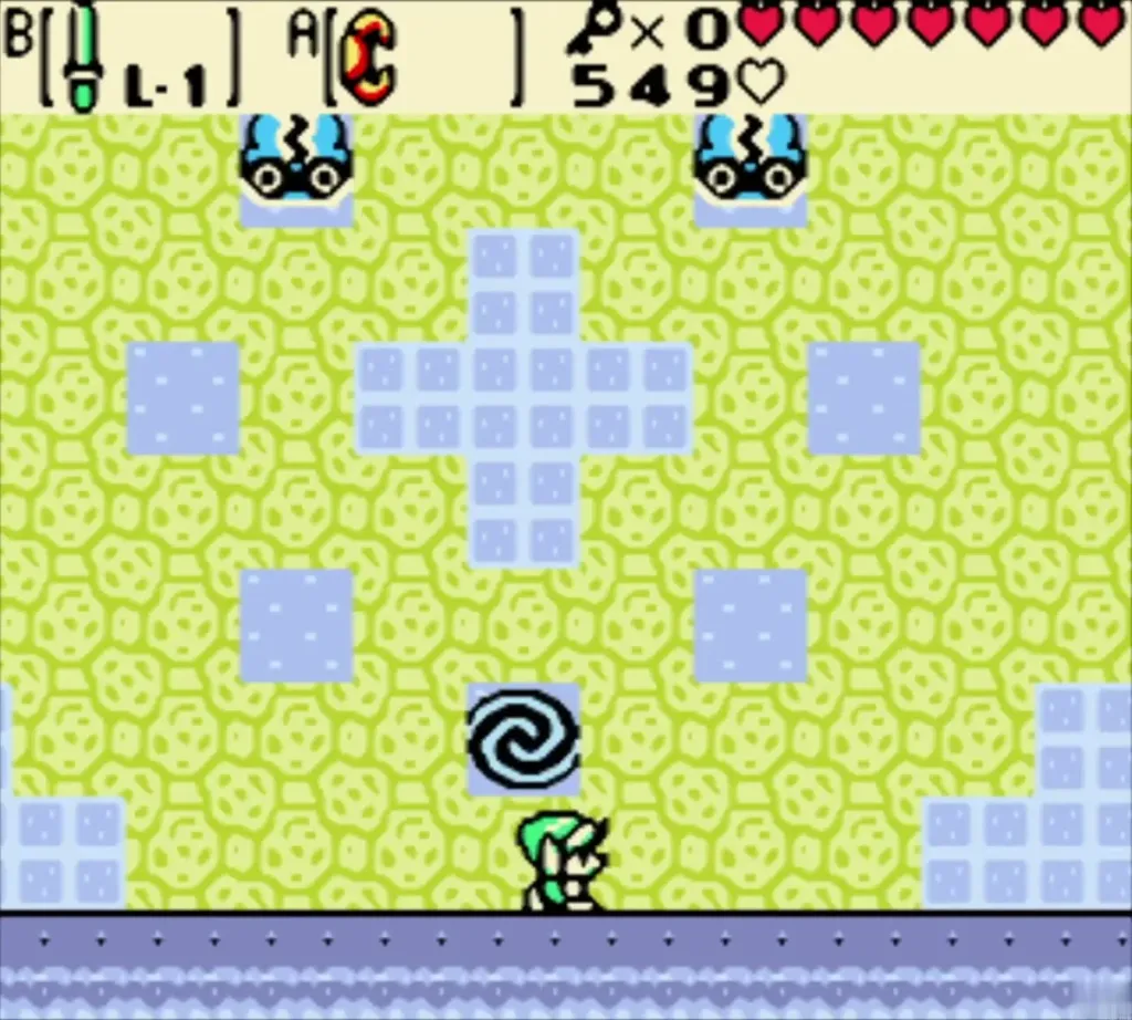 Link swimming past a whirlpool as two Omuai lurk in the pool room Link swimming past a whirlpool as two Omuai lurk in the pool room