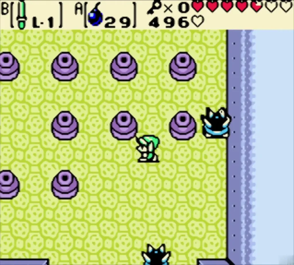 Link swinging his sword at a Spiked Beetle among purple bumpers Link swinging his sword at a Spiked Beetle among purple bumpers
