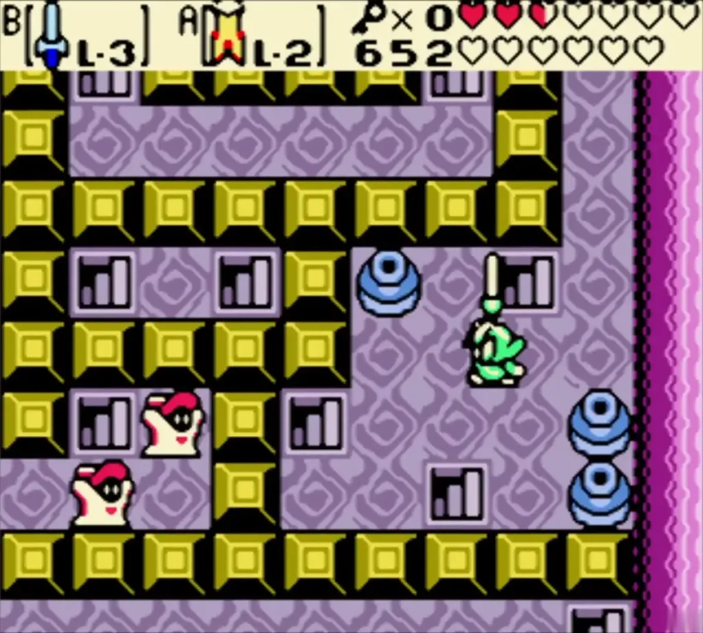 Link raising his sword at two red-topped Ghini ghosts beside blue pots Link raising his sword at two red-topped Ghini ghosts beside blue pots