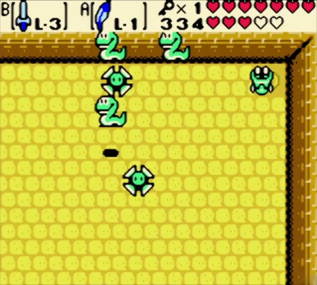 Two green Ropes and Beamos eye enemies around Link in an Ancient Ruins room Two green Ropes and Beamos eye enemies around Link in an Ancient Ruins room
