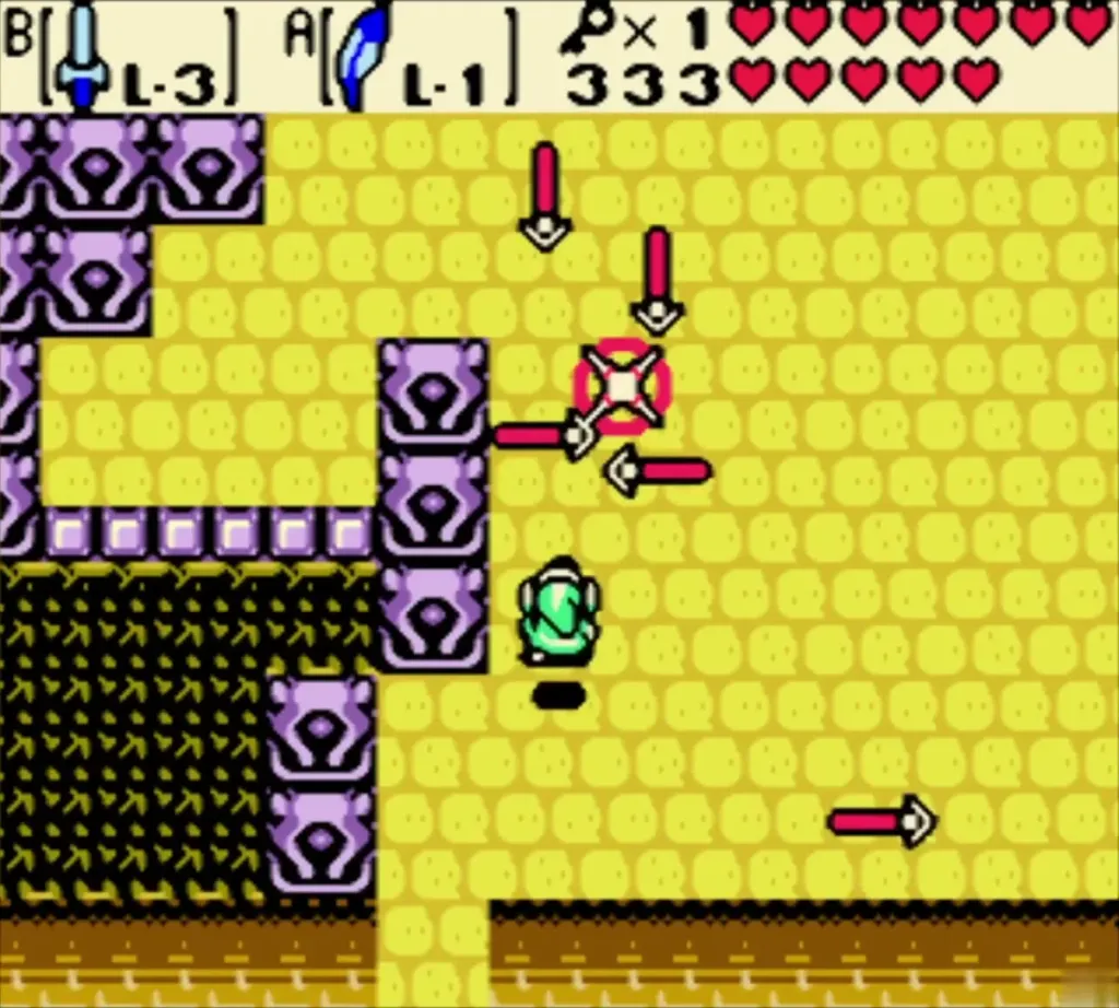 A Spark enemy between Beamos eye blocks and red arrow traps in the Ancient Ruins A Spark enemy between Beamos eye blocks and red arrow traps in the Ancient Ruins