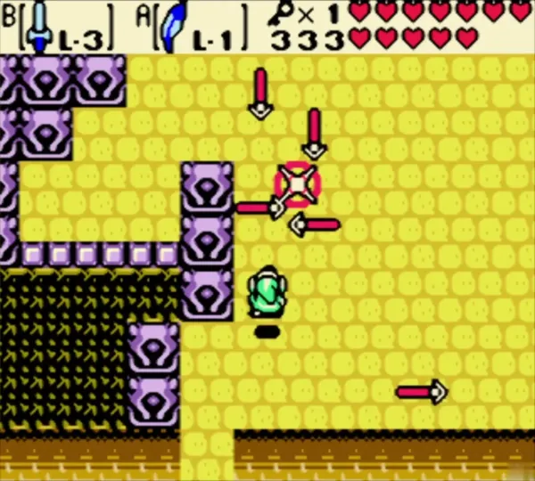 A Spark enemy between Beamos eye blocks and red arrow traps in the Ancient Ruins A Spark enemy between Beamos eye blocks and red arrow traps in the Ancient Ruins
