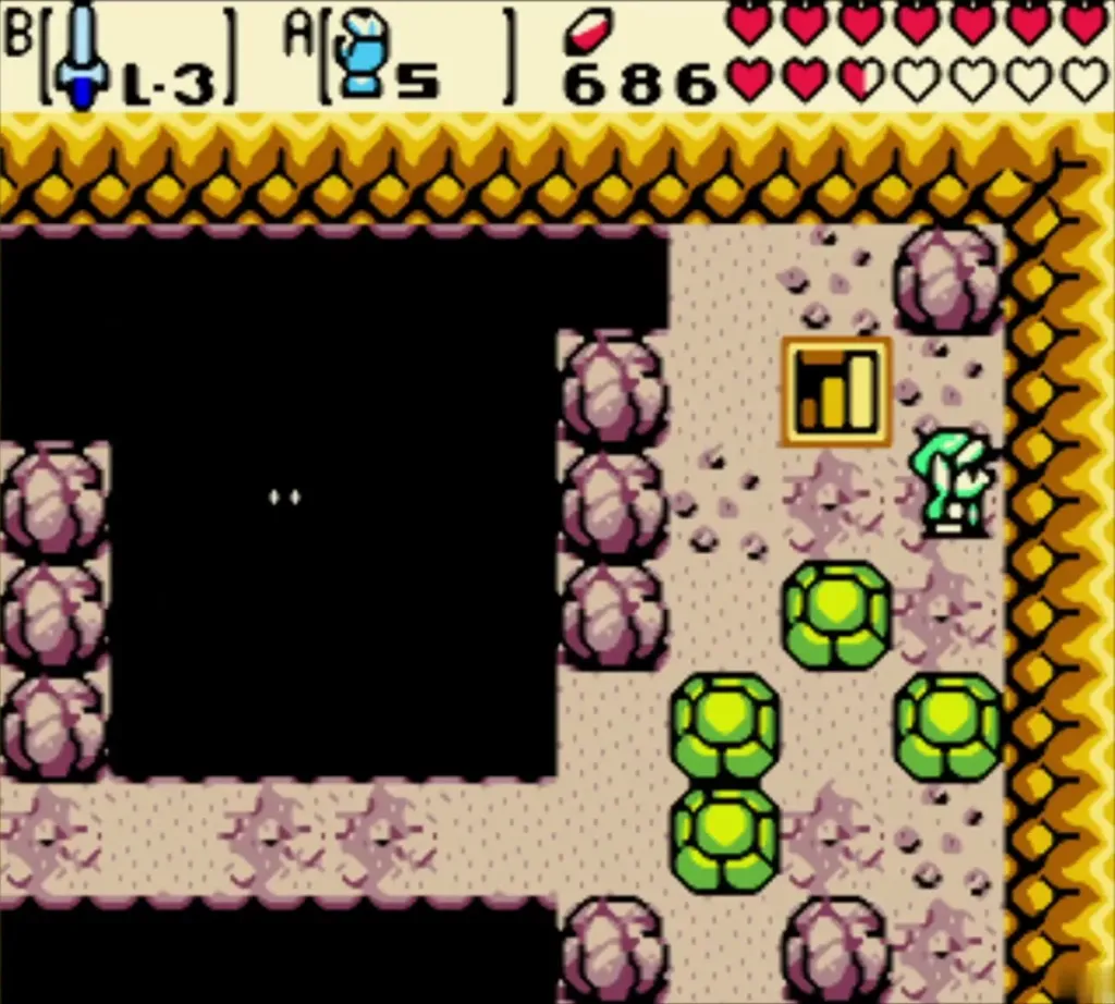 Link beside three green-shelled Spiked Beetles in a cave room Link beside three green-shelled Spiked Beetles in a cave room