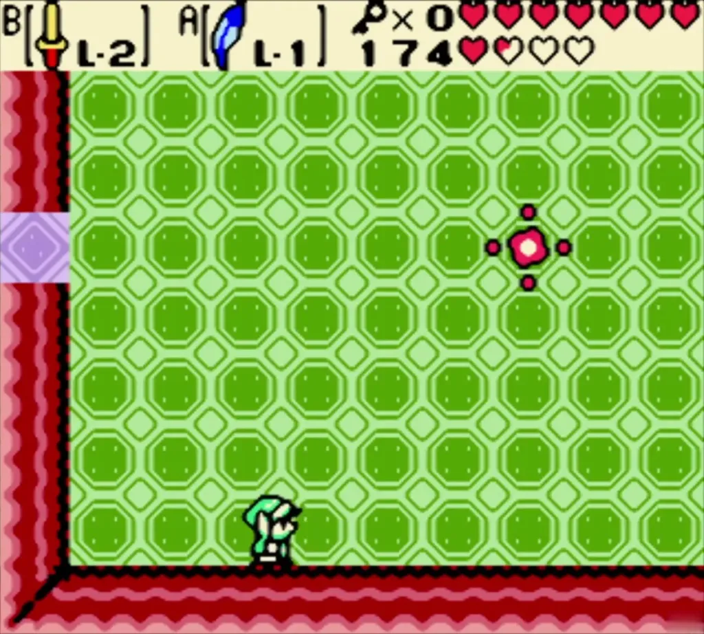 Link beside the small pink spirit left in the green octagon room after the mini-boss fight Link beside the small pink spirit left in the green octagon room after the mini-boss fight