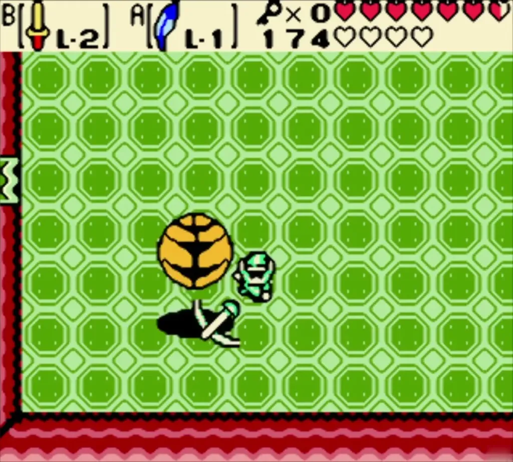 The round pumpkin-head form of Syger rolling toward Link in the green octagon room The round pumpkin-head form of Syger rolling toward Link in the green octagon room