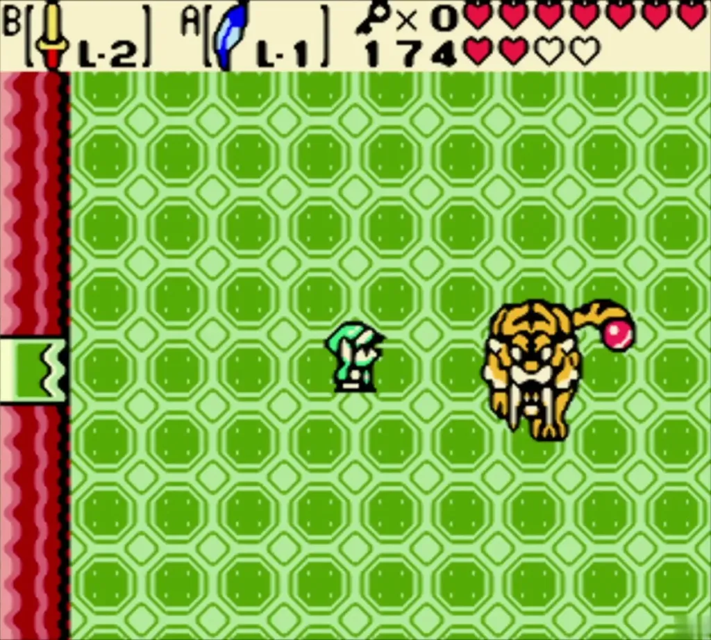 Link facing the tiger form of the Syger mini-boss in the green octagon room Link facing the tiger form of the Syger mini-boss in the green octagon room