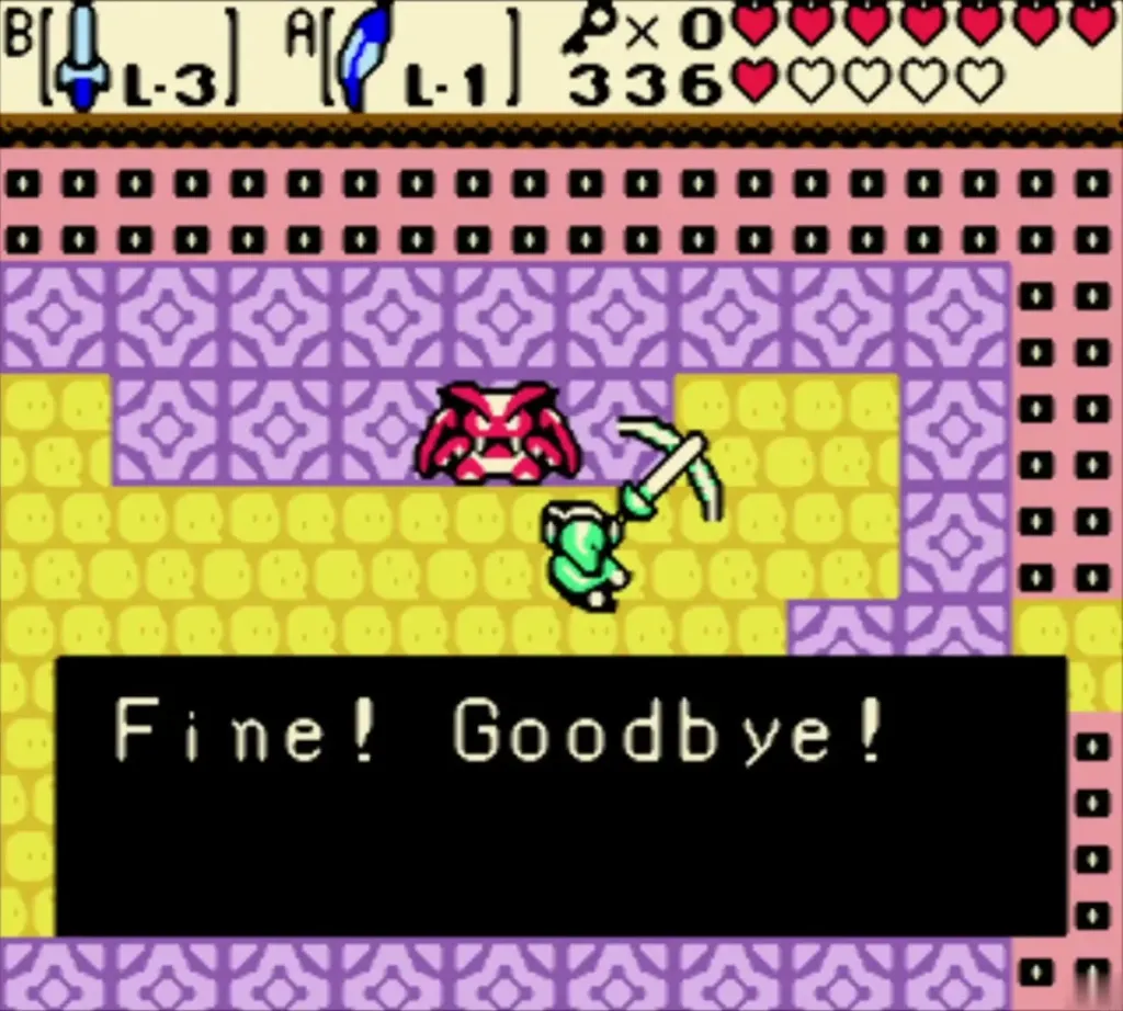 Vire saying Fine Goodbye in its defeat text box with Link beside it Vire saying Fine Goodbye in its defeat text box with Link beside it