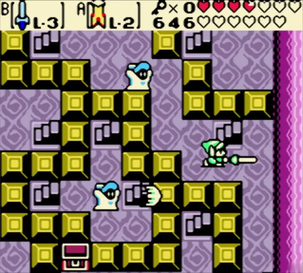 Two white Ghini ghosts closing in on Link inside a gold block maze room Two white Ghini ghosts closing in on Link inside a gold block maze room
